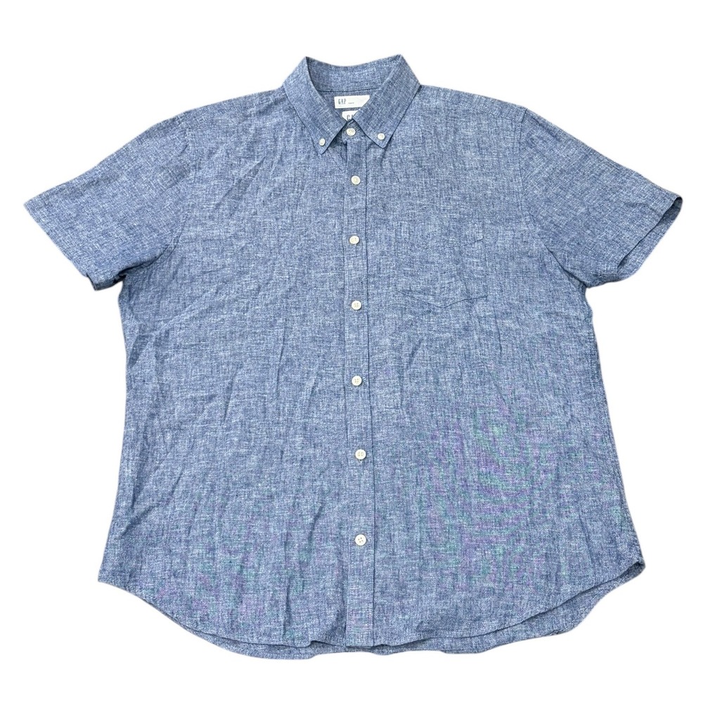 Gap Mens Linen Blend Short Sleeve Button Down Slim Fit Shirt Blue Large Coastal